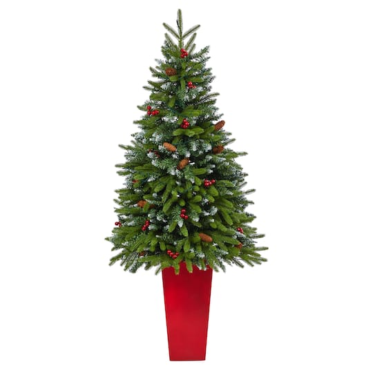 5ft. Pre-Lit Snow Tipped Portland Spruce Artificial Christmas Tree in Red Tower Planter, Clear LED Lights